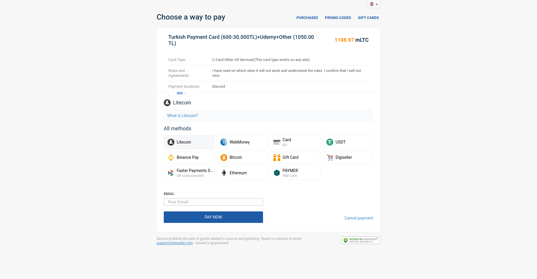 Page de paiement en Litecoin pour l'achat d'une carte VCC turque